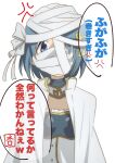  1girl absurdres anger_vein bandaged_head bandages blue_eyes blue_hair cape commentary_request covered_mouth facing_viewer hair_ornament hateri highres mahou_shoujo_madoka_magica mahou_shoujo_madoka_magica:_walpurgis_no_kaiten miki_sayaka musical_note musical_note_hair_ornament short_hair simple_background solo speech_bubble translation_request upper_body white_background white_cape 