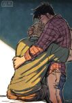  2boys arms_around_waist bad_id bad_tumblr_id bara black_hair blonde_hair couple cris_art denim green_shirt head_kiss hug hulkling jeans kiss long_sideburns male_focus marvel multiple_boys one_eye_closed pants pectorals shirt short_hair sideburns sketch thick_eyebrows wiccan yaoi 