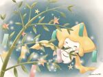  bamboo blush closed_eyes floating hand_to_own_mouth jirachi light_particles no_humans pokemon pokemon_(creature) smile solo star_(symbol) tanabata tanzaku twitter_username yasu_(hukk3727) 