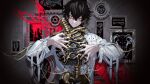  1boy black_hair blood chain closed_mouth ear_piercing earrings fish_skeleton gold gold_chain jewelry kura1582 long_sleeves looking_at_viewer male_focus original picture_frame piercing red_eyes shirt short_hair skeleton smile solo white_shirt 