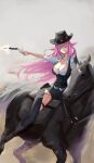  1girl animal black_choker black_footwear black_headwear black_shorts boots breasts chaps choker cleavage collared_shirt cowboy_boots cowboy_hat cowboy_western gun hat highres holding holding_gun holding_weapon hololive hololive_english horse horseback_riding large_breasts long_hair looking_at_viewer mori_calliope pink_hair red_hair red_wann revolver riding shirt short_shorts shorts virtual_youtuber weapon white_shirt 