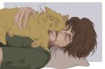  1boy affectionate animal_hug animalization brown_hair cat einar facial_hair goatee highres lying on_back sleeping sleeping_on_person soul14492025 thick_eyebrows thorfinn upper_body vinland_saga white_background 