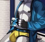  abs absurd_res anthro beverage bulge canid canine clothing coffee coffee_cup container cup hi_res male mammal midnight_blue muscular muscular_anthro muscular_male nipple_piercing nipples nude nude_anthro piercing robe simple_background solo underwear 