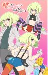  2boys absurdres aina_ardebit aina_ardebit_(cosplay) ass asymmetrical_legwear blonde_hair blue_hair blue_shorts chibi chibi_inset cosplay crop_top crossdressing embarrassed galo_thymos glasses gradient_background heris_ardebit heris_ardebit_(cosplay) highres keizuki_suuri lab_coat lio_fotia looking_back lucia_fex lucia_fex_(cosplay) mismatched_legwear multiple_boys multiple_views open_mouth otoko_no_ko pink_background promare purple_eyes red_skirt short_hair shorts skirt speech_bubble striped striped_thighhighs sweatdrop thighhighs translation_request zettai_ryouiki 