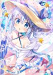  1girl :o absurdres bare_shoulders beach_umbrella bikini blue_eyes blue_hair blue_umbrella blush brown_headwear closed_umbrella commentary_request criss-cross_halter double_bun frilled_bikini frills gochuumon_wa_usagi_desu_ka? hair_between_eyes hair_bun hair_ornament halterneck hat highres hood hood_down hooded_jacket jacket kafuu_chino kirara_fantasia long_sleeves looking_at_viewer navel neko_pan open_clothes open_jacket parted_lips sleeves_past_wrists solo starfish sun_hat swimsuit umbrella water white_bikini white_jacket x_hair_ornament 