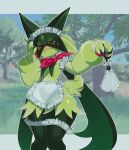 2023 ambiguous_gender anthro blush bodily_fluids clothed clothing fiinel fur generation_9_pokemon green_body green_fur hi_res looking_at_viewer maid_uniform meowscarada nintendo pokemon pokemon_(species) red_eyes solo sweat uniform wide_hips 
