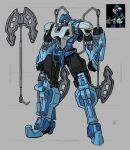  apoloniodraws artist_name axe bionicle chain clenched_hands full_body gali_(bionicle) grey_background head_tilt highres humanoid_robot mecha reference_inset robot solo_focus the_lego_group weapon weapon_on_back yellow_eyes 
