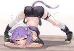  1girl absurdres animal_ears black_footwear black_shirt black_shorts boots cat_ears cat_girl cat_tail full_body green_eyes green_hair highres indie_virtual_youtuber jack-o&#039;_challenge kneehighs looking_at_viewer multicolored_hair purple_hair second-party_source shirt short_hair shorts shwaa single_kneehigh single_sock single_thighhigh smile socks strap_slip tail thigh_strap thighhighs top-down_bottom-up two-tone_hair virtual_youtuber w_(1999_kyu) white_socks white_thighhighs 