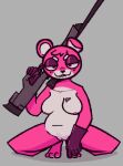  anthro bear blush breasts casual_nudity crouching cuddle_team_leader digital_media_(artwork) epic_games female fortnite fur genitals gun hi_res holding_object holding_weapon looking_at_viewer mammal nipples nude pink_body pink_fur pussy ranged_weapon smile solo thick_thighs weapon wendigoop 