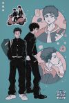  2boys back-to-back bag bandaid bandaid_on_cheek bandaid_on_face bandaid_on_forehead bandaid_on_nose black_footwear black_hair black_jacket black_pants blue_background blush broccoli brown_eyes brown_hair cropped_torso doughnut earrings eye_contact food fueki_hoshi full_body gakuran hand_on_own_face hands_in_pockets highres jacket jewelry looking_at_another male_focus mitsui_hisashi miyagi_ryouta motor_vehicle motorcycle multiple_boys multiple_views pants school_bag school_uniform slam_dunk_(series) stud_earrings translation_request undercut wavy_hair white_footwear 