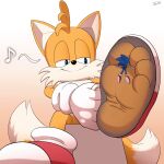  1:1 2023 4_toes absurd_res anthro blue_body canid canine clothing digital_media_(artwork) duo eulipotyphlan feet foot_fetish footwear fox fur gloves handwear hedgehog hi_res in_shoe macro male mammal micro miles_prower orange_body orange_fur plantigrade sega sitting size_difference size_play smug smug_face sonic_the_hedgehog sonic_the_hedgehog_(series) stuck_to_foot toes tohilewd 