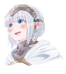  1girl armor blue_eyes blunt_bangs blush braid character_request copyright_request happy looking_up open_mouth sidelocks smile solo teeth upper_teeth_only white_hair 