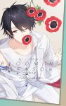  1boy 2022 absurdres anemone_(flower) black_hair character_name collared_shirt copyright_name earrings flower flower_in_mouth formal from_above hair_between_eyes highres iv_4t jewelry nijisanji one_eye_closed pants red_eyes red_flower shirt short_hair single_earring sleeveless sleeveless_shirt solo suit virtual_youtuber white_pants white_shirt white_suit yumeoi_kakeru 