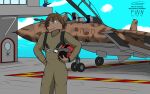  aircraft aircraft_carrier airplane anthro armor brown_body brown_eyes brown_fur brown_hair camo canid canine canis cheek_tuft clothed clothing duo f-14 facial_tuft flightsuit fur hair headgear helmet holding_armor holding_headgear holding_helmet holding_object jet keesthewolf male mammal navy outside ship smile solo_focus standing tuft twokinds vehicle warship watercraft webcomic webcomic_character wolf zen_(twokinds) 