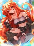  1girl abs absurdres body_freckles cloud crop_top elbow_gloves fingerless_gloves fire flame freckles gilmang gloves highres lizard_tail long_hair looking_at_viewer navel orange_eyes orange_hair original pointy_ears red_eyes sky smile solo tail thighs toes toned 