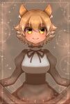  1girl animal_ears blonde_hair bow bowtie coyote_(kemono_friends) dress extra_ears grey_dress highres hikarikmy kemono_friends kemono_friends_v_project looking_at_viewer red_background simple_background smile solo virtual_youtuber wolf_ears wolf_girl yellow_eyes 