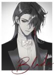  1boy blade_(honkai:_star_rail) bow bowtie character_name closed_mouth earrings formal greyscale hair_over_one_eye highres honkai:_star_rail honkai_(series) jacket jewelry jyan512 long_hair male_focus monochrome red_eyes shirt single_earring solo spot_color tassel tassel_earrings tsurime twitter_username upper_body 