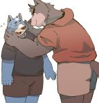  2023 anthro arufina_w black_nose blue_body blush bottomwear brown_body canid canine canis clothing domestic_dog duo hi_res hoodie kemono male male/male mammal overweight overweight_male shirt shorts simple_background topwear 