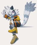  1girl absurdres artist_name black_pants coffeatea fingerless_gloves gloves hand_on_own_knee highres looking_at_viewer pants shoes simple_background sitting solo sonic_(series) tail tangle_the_lemur tumblr_username v vest watermark web_address white_background yellow_vest 