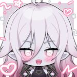  1girl ahoge blush briar_(league_of_legends) chibi colored_sclera colored_skin commentary fangs gradient_hair grey_hair grey_skin hair_between_eyes heart heart-shaped_pupils league_of_legends long_hair looking_at_viewer lowres multicolored_hair open_mouth pelicana pink_hair pink_sclera pointy_ears sidelocks smile solo symbol-only_commentary symbol-shaped_pupils teeth two-tone_hair upper_body upper_teeth_only vampire wrist_cuffs 