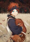  1boy aged_down aleo amagi_rinne aqua_eyes carrying closed_mouth commentary earrings ensemble_stars! fox jewelry leaf long_sleeves looking_at_viewer male_child male_focus outdoors red_hair short_hair solo symbol-only_commentary tree 