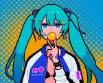  1girl blue_eyes bracelet commentary covering_mouth earrings hair_between_eyes hair_ribbon halftone halftone_background hand_up hatsune_miku highres jacket jewelry looking_at_viewer miku_day miyoshi_yoshimi purple_ribbon ribbon solo sticker twintails upper_body vocaloid 