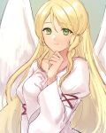  1girl angel_wings blonde_hair closed_mouth dress feathered_wings fire_emblem fire_emblem:_path_of_radiance fire_emblem:_radiant_dawn green_eyes hazuki_(nyorosuke) leanne_(fire_emblem) long_hair long_sleeves looking_at_viewer smile upper_body white_dress white_wings wide_sleeves wings 