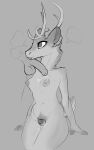  2023 anthro antlers areola biped blep bodily_fluids breasts chastity_cage chastity_device claws cum cum_on_breasts deer digital_media_(artwork) disembodied_penis duo erection finger_claws foreskin genital_fluids genitals grey_background greyscale gynomorph gynomorph/male hand_on_head hi_res horn humanoid_genitalia humanoid_penis intersex intersex/male keadonger male mammal monochrome nipples penis simple_background tongue tongue_out 