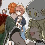  1boy 3girls belt black_sleeves blonde_hair blue_eyes braid brown_hair buckle chaldea_uniform character_request clothing_cutout crown_braid faceless faceless_female fate/grand_order fate_(series) fujimaru_ritsuka_(female) green_shirt grey_background holding horns leonardo_da_vinci_(fate) multiple_girls navel navel_cutout open_mouth orange_hair orange_headwear orange_scrunchie puffy_sleeves scrunchie sheep sheep_horns shimogamo_(shimomo_12) shirt side_braid side_ponytail simple_background striped striped_headwear tongue van_gogh_(fate) 