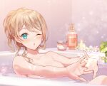  1girl :o absurdres bath bathing bathroom blonde_hair blue_eyes breasts candle character_request flower highres indie_virtual_youtuber leaf long_hair masami_(souzou_jinsei_sanka) nude one_eye_closed ponytail shampoo solo 