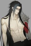  1boy abs black_hair black_pants blue_hair brown_eyes closed_mouth grey_background heterochromia highres kayn_(league_of_legends) league_of_legends long_hair male_focus multicolored_hair muscular muscular_male navel nipples pants red_eyes red_scarf scarf simple_background solo stomach streaked_hair zyrophin 