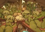  big_butt breasts butt eating female food genitals goblin green_body green_skin group hi_res humanoid looking_at_viewer looking_back looking_back_at_viewer lying meat nipples noise_(artist) on_front pussy spread_legs spreading thick_thighs 