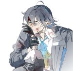  1boy aehobakjeon ahoge arknights ascot black_gloves black_hair black_jacket blood blood_on_clothes blood_on_face blue_ascot blue_hair closed_eyes collared_shirt gloves gradient_hair hair_between_eyes highres holding_another&#039;s_wrist irene_(arknights) jacket kiss kissing_hand long_sleeves lumen_(arknights) male_focus multicolored_hair pointy_ears puffy_sleeves shirt short_hair simple_background sketch solo_focus streaked_hair suit_jacket upper_body white_background white_shirt 