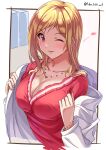 1girl absurdres blonde_hair blush book bracelet breasts chair cleavage collarbone cropped_torso grid_background hands_up heart heart_necklace highres idolmaster idolmaster_million_live! idolmaster_million_live!_theater_days jewelry lab_coat long_hair long_sleeves looking_at_viewer medium_breasts momose_rio necklace off_shoulder one_eye_closed open_mouth pink_nails red_shirt shirt smile solo takatsuki_p twitter_username upper_body 