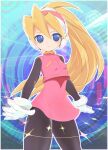  1girl android black_pantyhose blonde_hair blue_eyes ciel_(mega_man) covered_navel dot_nose dress gloves hair_between_eyes headgear helmet high_ponytail long_hair mega_man_(series) mega_man_zero pantyhose pink_dress pink_shirt ponytail robot_girl shimita_(erode) shirt smile solo white_gloves 