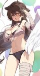 1girl ahoge ass_visible_through_thighs bandaged_arm bandaged_leg bandages bare_shoulders bikini black_bikini blush brown_eyes brown_hair character_request collar copyright_request cowboy_shot hand_on_own_chest heart heart-shaped_lock heart_in_eye highres lock long_hair looking_at_viewer multicolored_background navel open_mouth orobou padlock single_wing solo stomach swimsuit symbol_in_eye two-tone_bikini very_long_hair virtual_youtuber white_bikini white_wings wings 