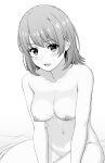  1girl :d absurdres blush collarbone commentary_request completely_nude greyscale highres inanaki_shiki isshiki_iroha medium_hair monochrome navel nipples nude open_mouth sitting smile solo yahari_ore_no_seishun_lovecome_wa_machigatteiru. 