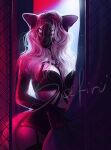  2017 5_fingers anthro backlighting biped black_bottomwear black_bra black_clothing black_markings black_underwear bottomwear bra breasts chain-link_fence chest_harness claws cleavage clothed clothing collar curtains curvy_figure digital_media_(artwork) digital_painting_(artwork) distracting_watermark domestic_cat felid feline felis female fence finger_claws fingers fully_clothed fur garter_straps glitter hair harness high_waisted_bottomwear hourglass_figure humanoid_hands legwear light lighting lingerie long_hair looking_forward mammal markings medium_breasts oriental_shorthair pink_eyes pink_pupils pupils safi_(safiru) safiru sharp_claws signature skimpy solo sparkles standing stockings straps tail thigh_highs underwear watermark wavy_hair white_body white_eyes white_fur white_hair 