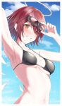  1girl :d absurdres arknights armpits arms_up bikini black_bikini blue_sky blush border breasts collarbone day detached_wings energy_wings exusiai_(arknights) eyewear_on_head grin halo highres looking_at_viewer medium_breasts navel outdoors parted_lips r_oot red_eyes red_hair short_hair sky smile solo stomach strap_gap sunglasses swimsuit unaligned_breasts upper_body white_border wings 