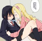  2girls arm_around_waist black_eyes black_hair black_skirt black_socks blonde_hair blue_scrunchie blue_sweater blush bow cardigan carol_olston closed_eyes coldcat. collared_shirt face-to-face from_side gundou_misuzu hair_bow hair_ornament hair_scrunchie hairband highres indoors kneehighs knees_up leaning_back long_hair looking_at_another lying lying_on_person miniskirt multiple_girls necktie nose_blush on_back on_bed open_hand parted_lips pillow pink_bow pink_cardigan pleated_skirt raised_eyebrows red_necktie school_uniform scrunchie shirt sidelocks sitting skirt sleeve_cuffs socks spread_legs straight_hair striped_necktie sweatdrop sweater tomo-chan_wa_onna_no_ko v-neck white_hairband white_shirt yuri 