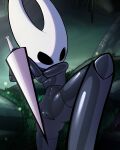  4:5 blurred_background detailed_background featureless_chest female flat_chested genitals glistening glistening_body hi_res holding_object holding_weapon hollow_knight humanoid jellli kneeling looking_at_viewer low-angle_view nude pussy shaded solo team_cherry threatening_viewer weapon 