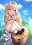  1girl blonde_hair blue_sky blush braid braided_ponytail breasts brown_pantyhose cleavage cloud commentary_request day elbow_gloves fire_emblem fire_emblem_engage gloves goldmary_(fire_emblem) hair_between_eyes hair_ribbon highres large_breasts long_hair looking_at_viewer mole mole_on_breast outdoors pantyhose parted_lips ribbon skirt sky smile studiopokotan white_gloves white_ribbon yellow_eyes yellow_skirt 