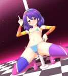  1girl :d absurdres adapted_costume arm_up bikini blush breasts cameltoe commentary_request detached_sleeves dutch_angle full_body hairband highres looking_at_viewer medium_hair micro_bikini parted_lips petite pointing purple_background purple_eyes purple_hair rainbow_gradient simple_background small_breasts smile solo sonicphu squatting stripper_pole swimsuit tenkyuu_chimata thighhighs touhou 