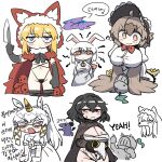  1boy 6+girls ? animal_ears animal_hood bird_legs bird_wings black_eyes black_gloves black_hair black_panties black_ribbon black_souls black_thighhighs blackwell_(black_souls) blonde_hair blue_eyes bow bowtie breasts brown_eyes brown_feathers button_gap cape chibi cleavage clock_necklace closed_mouth colored_eyelashes cropped_legs cross-laced_clothes dodo_(black_souls) dog_ears dog_girl dress elbow_gloves feathers florence_(black_souls) frilled_bonnet fur-trimmed_hood fur_trim glasses gloves grimm_(black_souls) hair_between_eyes harpy helm helmet highleg highleg_panties highres holding holding_knife holding_mask hood hood_up hooded_cape horns horse_ears horse_girl knife korean_text long_hair long_sleeves looking_at_another looking_at_viewer mask mask_removed midriff monster_girl multiple_girls multiple_views navel node_(black_souls) nyong_nyong open_mouth panties plague_doctor_mask ponytail purple_eyes rabbit_ears red_bow red_bowtie red_hood_(black_souls) ribbon robe shirt short_sleeves simple_background single_horn smile staring stomach sweatdrop taut_clothes taut_shirt thighhighs translation_request underwear unis_(black_souls) white_background white_dress white_hair white_robe winged_arms wings 