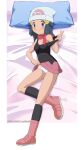 1girl beanie black_hair black_shirt black_socks blush boots breasts closed_mouth clothes_lift commentary_request dawn_(pokemon) eyelashes full_body grey_eyes hair_ornament hairclip hand_up hat highres kneehighs long_hair lying mio-morimitsu off_shoulder panties pillow pink_footwear pink_scarf pokemon pokemon_(anime) pokemon_dppt_(anime) purple_skirt scarf shirt sidelocks skirt skirt_lift smile socks solo split_mouth underwear v white_headwear white_panties 