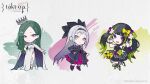  3girls bare_shoulders black_hair blonde_hair bracelet chibi claw_pose crown dress erlking_(takt_op.) fantasie_impromptu_(takt_op.) flower green_flower green_hair grey_hair highres jewelry long_hair long_sleeves looking_at_viewer makeup mochizuki_kei multiple_girls official_art pomp_and_circumstance_(takt_op.) purple_eyes purple_flower smile takt_op._destiny very_long_hair white_dress yellow_eyes 