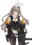  1girl black_jacket black_pantyhose brown_eyes cleavage_cutout clothing_cutout commentary girls&#039;_frontline grey_hair gun h&amp;k_ump hair_ornament highres holster jacket leotard load_bearing_vest long_hair looking_at_viewer mutugorou_u one_side_up own_hands_together pantyhose playboy_bunny scar scar_across_eye scar_on_face simple_background smile snap-fit_buckle solo submachine_gun thigh_holster thigh_strap ump45_(girls&#039;_frontline) weapon white_background white_leotard 