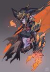  animal_humanoid armor bandage belt belt_buckle black_hair black_sclera bra braided_hair clawed_fingers cloak clothed clothing dragon dragon_humanoid female fire foretbwat glowing glowing_markings hair headgear helmet hi_res horn humanoid humanoid_pointy_ears league_of_legends markings midriff partially_clothed purple_body purple_skin ragged_clothing riot_games scarred_face shyvana solo underwear yellow_eyes 