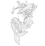  5_fingers breasts dorsal_fin ear_fins female fin fingers gem hair hi_res jewelry legless marine merfolk monochrome necklace pearl_(gem) pearl_necklace rinotuna scales seashell_bra simple_background solo split_form tail tail_fin white_background 
