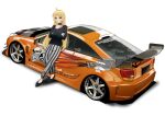  1girl absurdres black_choker black_footwear blonde_hair bocchi_the_rock! bra_strap brown_eyes car choker collarbone cowlick crossed_arms grey_pants highres holeecrab ijichi_seika long_hair looking_at_viewer motor_vehicle need_for_speed need_for_speed:_underground_2 orange_car pants parted_bangs shadow shoes sleeves_past_wrists solo spoiler_(automobile) sports_car striped striped_pants toyota toyota_celica toyota_celica_t230 vehicle_focus very_long_hair white_background 